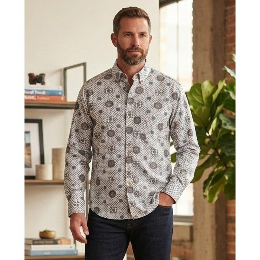 Gulf Traders Geometric Button Up Long Sleeve Shirt Men's Size M Cotton Preppy